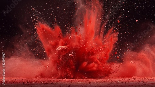 explosive red chalk burst fragments and dust scattering dramatically highspeed photography photo