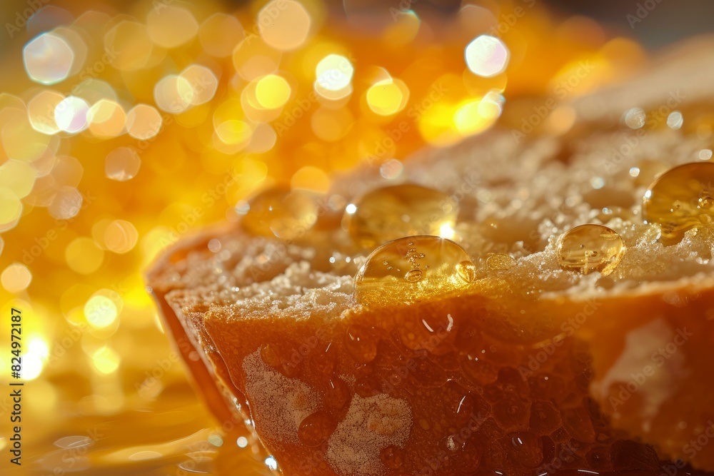 Close-up of juicy orange with refreshing water droplets, bathed in warm bokeh lights Close-up of juicy orange with refreshing water droplets, bathed in warm bokeh lights