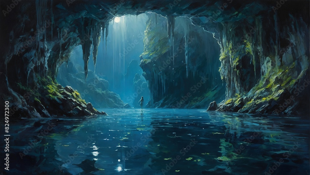 An individual standing in water inside a cave, surrounded by rock formations and dim lighting An individual standing in water inside a cave, surrounded by rock formations and dim lighting
