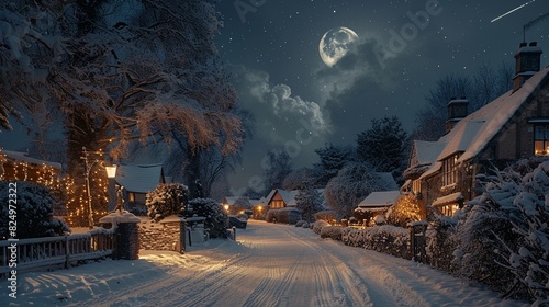 Christmas lamp illuminating a snowy village street, the moon peeking through the clouds, a shooting star trailing across the night sky