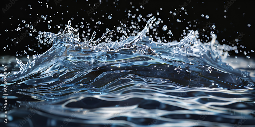 Splash of clear blue liquid water 3d illustration on the dark black background