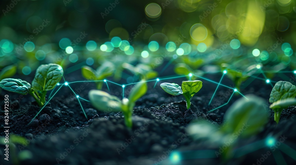 Close-up of young plant sprouts connected by a digital network, symbolizing modern agriculture and technology integration. Close-up of young plant sprouts connected by a digital network, symbolizing modern agriculture and technology integration.
