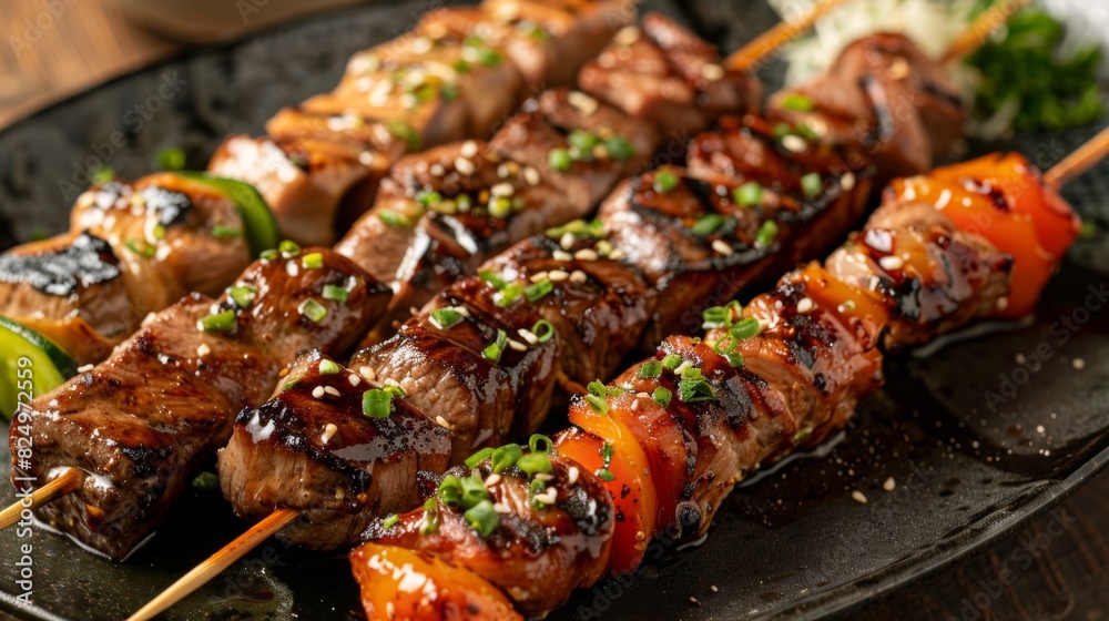 Freshly grilled yakitori skewers, featuring tender chicken, beef, and vegetables, brushed with a sweet and savory tare sauce.