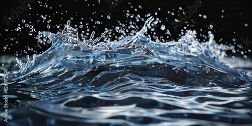 Splash of clear blue liquid water 3d illustration on the dark black background