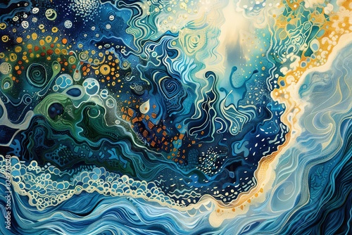 Abstract marine patterns depicting ocean currents and underwater ecosystems
