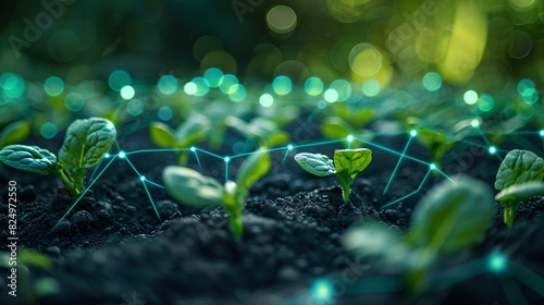 Close-up of young plant sprouts connected by a digital network, symbolizing modern agriculture and technology integration. photo