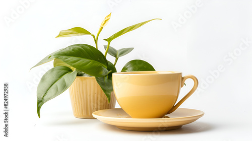 A white ceramic cup of coffee and green cactus on white table in a modern coffee shop, isolated on white background ,White mug and saucer on a white background, near palm leaves
