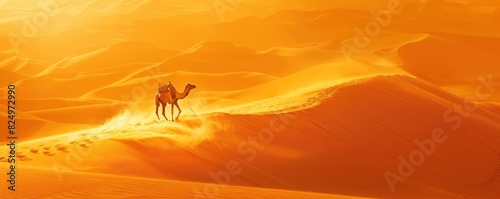 Desert scene with a camel walking across the dunes