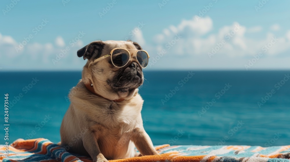 A pug sits thoughtfully on a beach towel, wearing a pair of stylish sunglasses, gazing out at the vast ocean with a contemplative air.