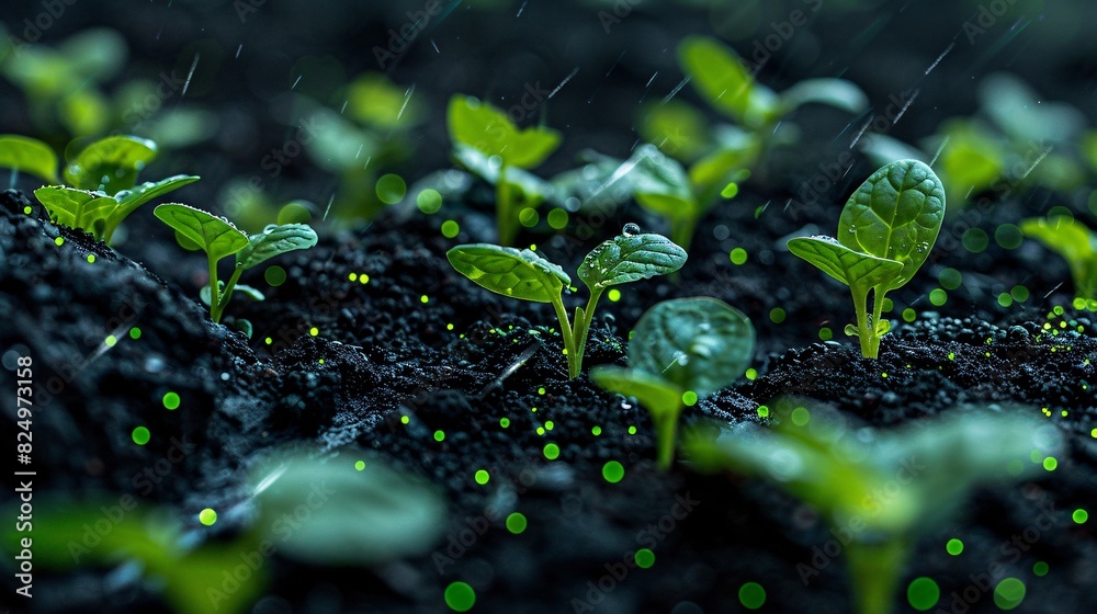 Close-up of young plants growing in dark, moist soil under rain, with vibrant green leaves. Perfect for themes of growth, nature, and life. Close-up of young plants growing in dark, moist soil under rain, with vibrant green leaves. Perfect for themes of growth, nature, and life.