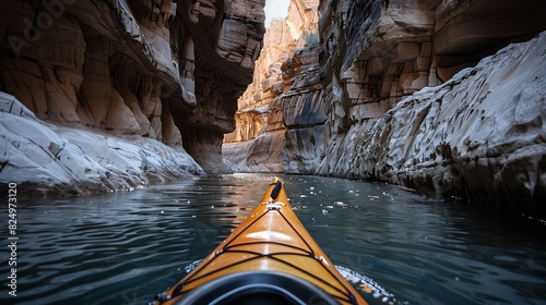 A simple kayak being paddled through a narrow canyon photo