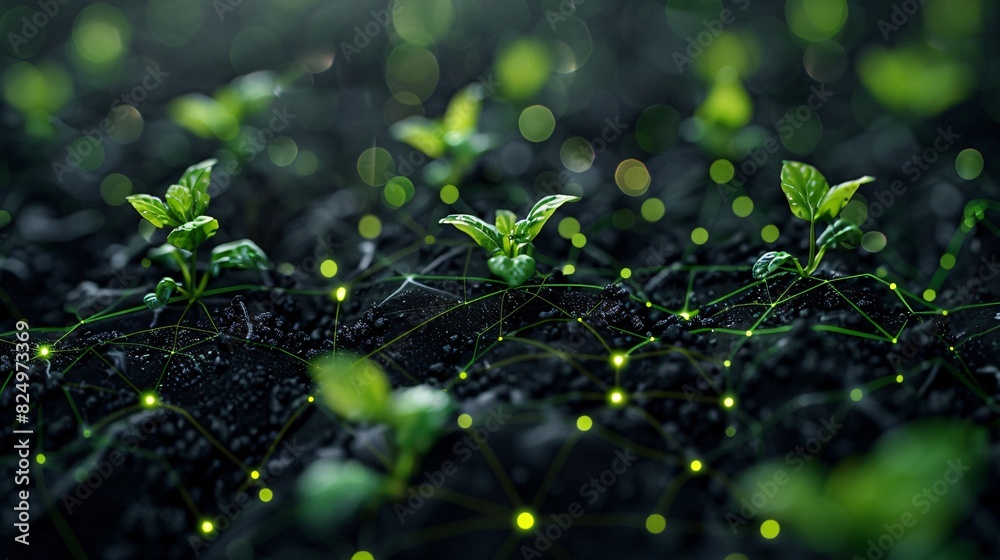 Close-up of young plants growing in soil with a network of glowing green dots, representing technology and nature integration. Close-up of young plants growing in soil with a network of glowing green dots, representing technology and nature integration.