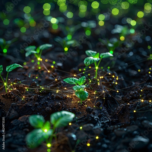 Close-up of young plants growing in soil with glowing network connections highlighting the concept of interconnected growth.