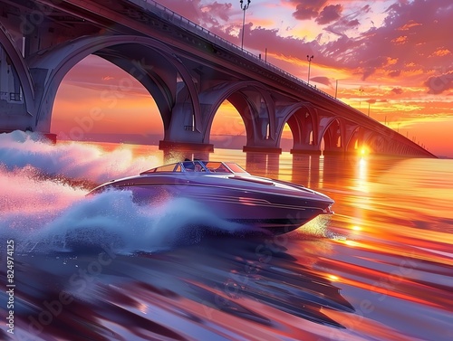 A speedboat racing under a bridge at sunset photo