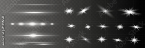 Glow isolated white transparent light effect set, lens flare, explosion, glitter, line, sun flash, spark and stars. Abstract special effect element design.