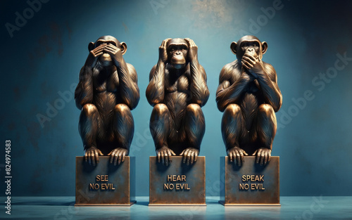 Three bronze statues of monkeys representing 