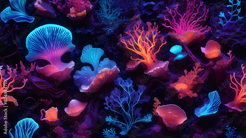 Obraz premium coral reef in aquarium. seaweed, algae, shells and sea animals.