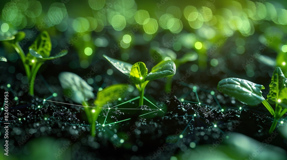 Close-up of young plants sprouting from soil under a bright green light, symbolizing growth, nature, and new beginnings. Close-up of young plants sprouting from soil under a bright green light, symbolizing growth, nature, and new beginnings.