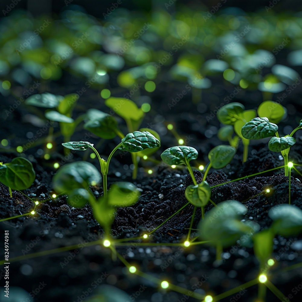Close-up of young plants sprouting with digital glowing network lines, symbolizing technology integration in agriculture. Close-up of young plants sprouting with digital glowing network lines, symbolizing technology integration in agriculture.