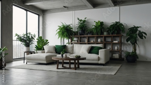 Interior of minimalist modern living room with white wall and green houseplants