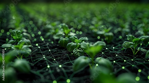 Close-up of young plants sprouting in a technologically integrated farm with glowing network, symbolizing modern agriculture innovation.