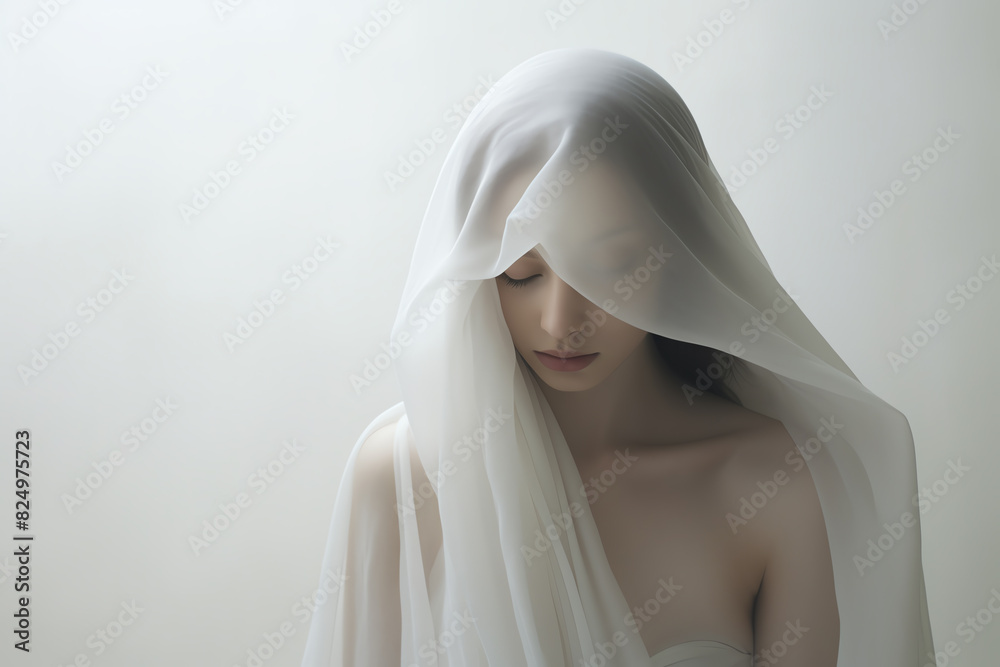 Ethereal woman draped in white fabric, embracing serenity and tranquility in a soft and minimalist setting, perfect for calm and peaceful concepts.