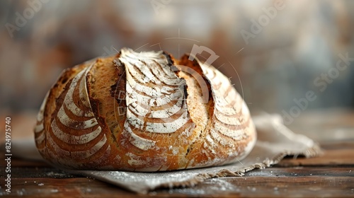 Artisanal Sourdough Boule on Reclaimed Wood Surface A Wholesome Slice of Freshly Baked Goodness photo