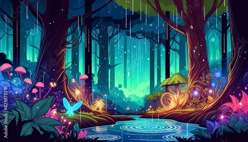 A flat design close-up of an enchanted forest in a fantasy novel world during a rainy day. The scene is vibrant with a tetradic color scheme. The fore photo