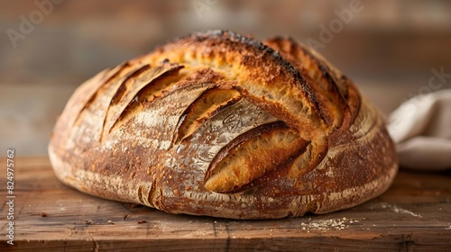 Artisanal Sourdough Bread Masterpiece on a Rustic Wood Surface Basking in Soft Light