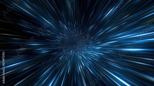 Abstract light speed effect with blue streaks radiating from a central point on a dark background