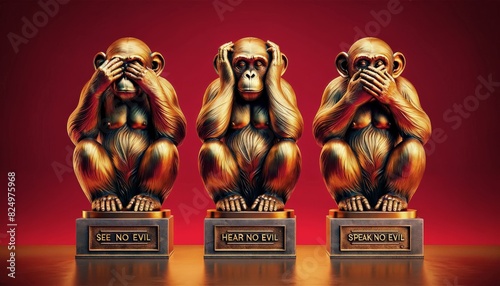 Statues of three wise monkeys on a red background, symbolizing See No Evil, Hear No Evil, Speak No Evil in vibrant colors.