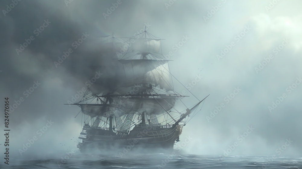 An old pirate ship with tattered sails, surrounded by mist An old pirate ship with tattered sails, surrounded by mist