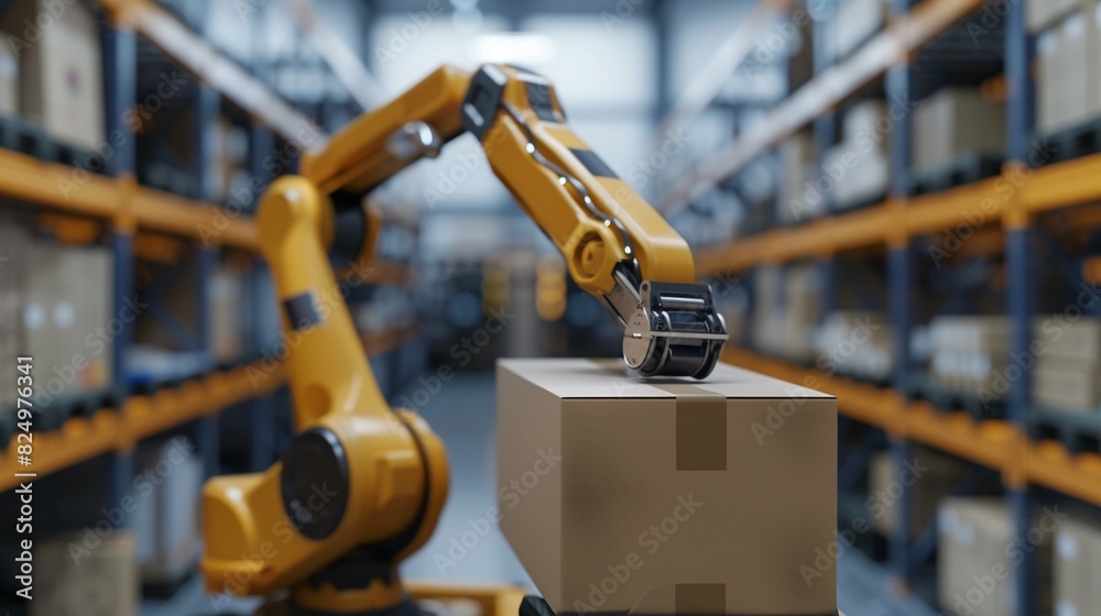 Detailed view of an automated robotic arm carrying a cardboard box, state-of-the-art warehouse setting, emphasizing innovation and precision