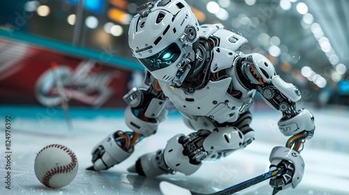 Dynamic close-up of a little robot hockey player, mid-strike with the puck, detailed gears and sports advertisement backdrop