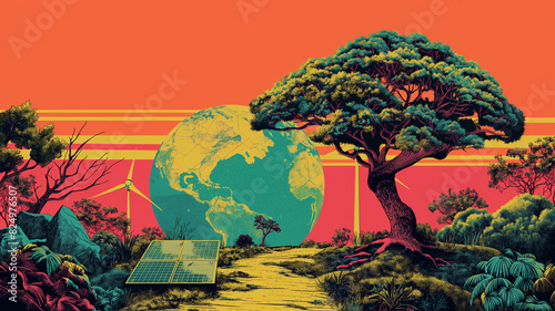 Pop art green energy concept. Tree solar cell panel with windmill on nature. colorful background in pop art retro comic style. Protect the world with green energy.