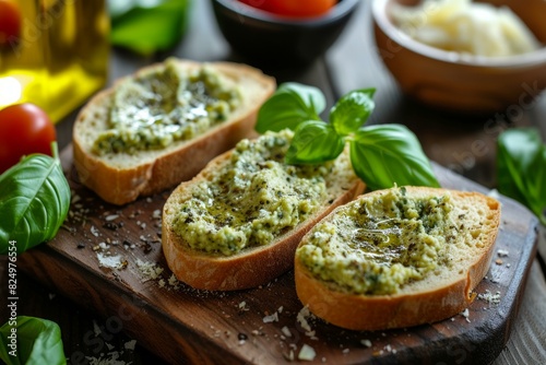 Close-up of homemade pesto spread on sliced bread, garnished with basil leaves