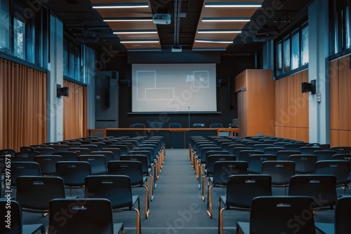 Modern lecture hall with empty chairs and a projector screen