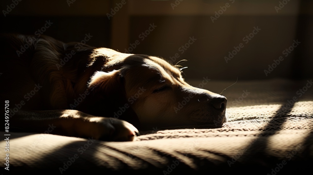 Obraz premium A silhouette of a dog sleeping on a soft bed is bathed in a warm light. The contrast of light and shadow creates a dramatic and peaceful image.
