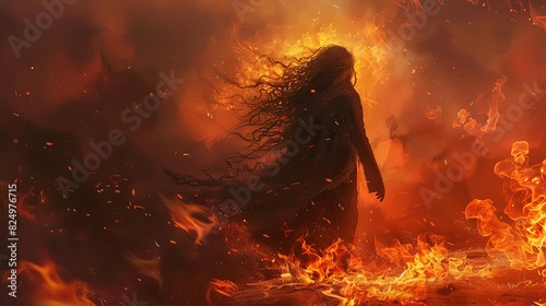 fiery asian man with long flaming hair walking through inferno supernatural concept digital art photo