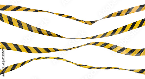 Isolated caution tape with yellow and black stripes. Waving on the wind warning ribbon set.