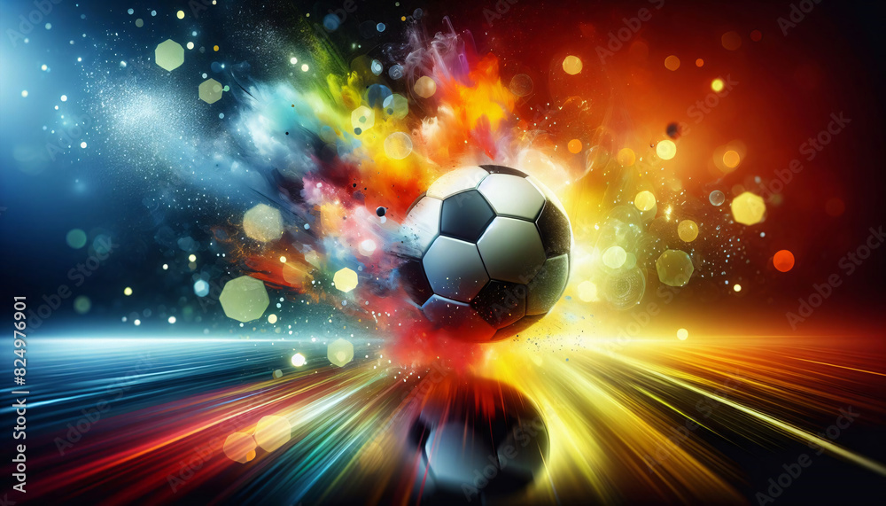 Naklejka premium Fußball auf einem Rasen im Stadion der farbig explodiert