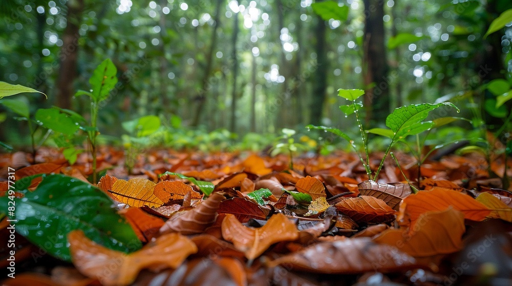 Detailed shot of forest floor, covered in fallen leaves and sprouting plants, showcasing the lush ecosystem Detailed shot of forest floor, covered in fallen leaves and sprouting plants, showcasing the lush ecosystem