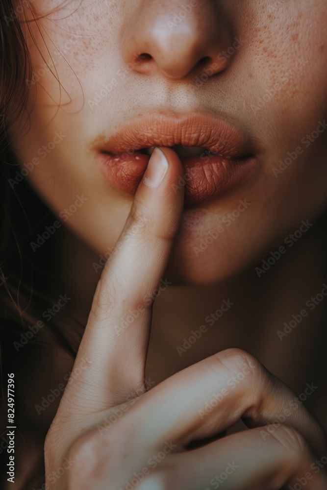 Close-Up of Woman's Lips with Finger in Shushing Gesture
Close-Up of Woman's Lips with Finger in Shushing Gesture