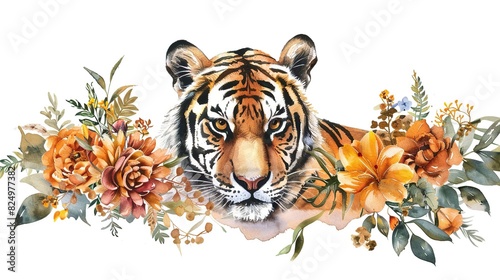 Watercolor cute tiger and floral tropical bouquets. Generative Ai