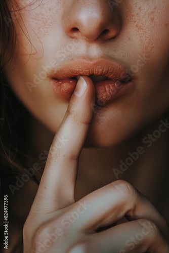 Close-Up of Woman's Lips with Finger in Shushing Gesture
