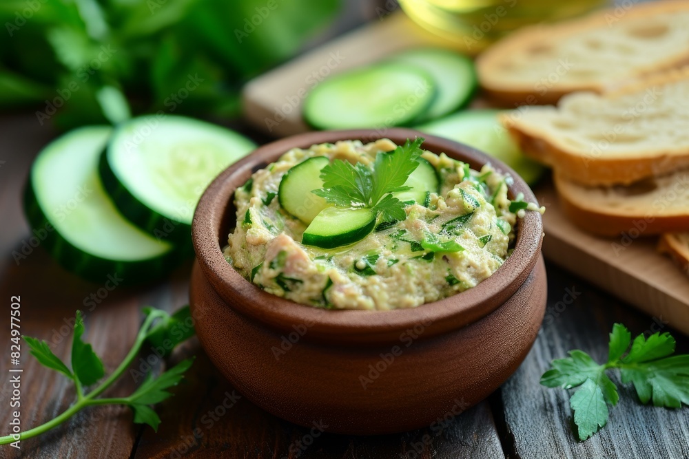 Savory cucumber dip in a bowl, garnished with herbs, served with slices of fresh bread Savory cucumber dip in a bowl, garnished with herbs, served with slices of fresh bread
