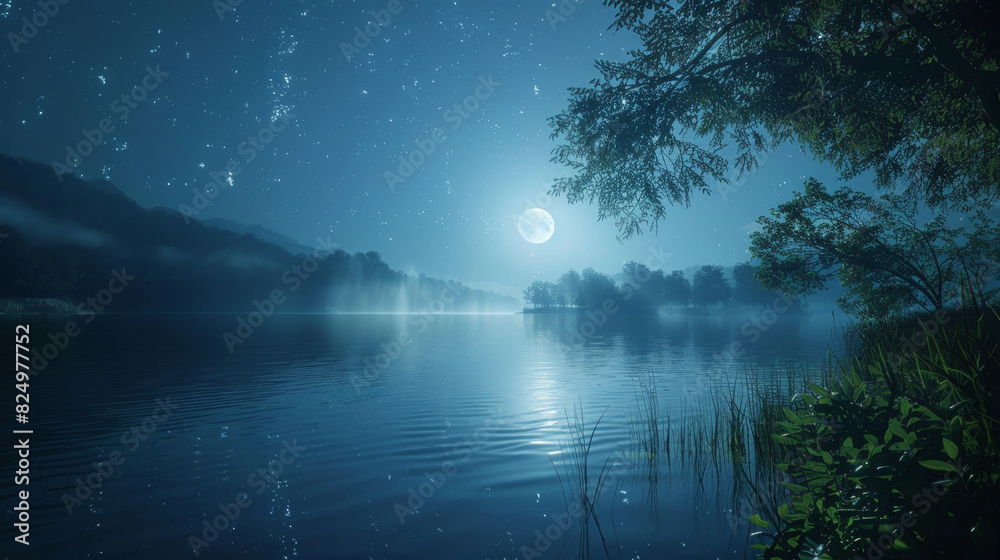 A tranquil lake at night, reflecting moonlight and mystical figures dancing under the surface. A tranquil lake at night, reflecting moonlight and mystical figures dancing under the surface.