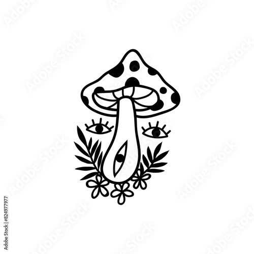 Eye mushroom boho. Lineart Vector illustration. Flower moon , Magic celestial witchcraft symbol. Masonic symbol. Hand drawn logo or emblem