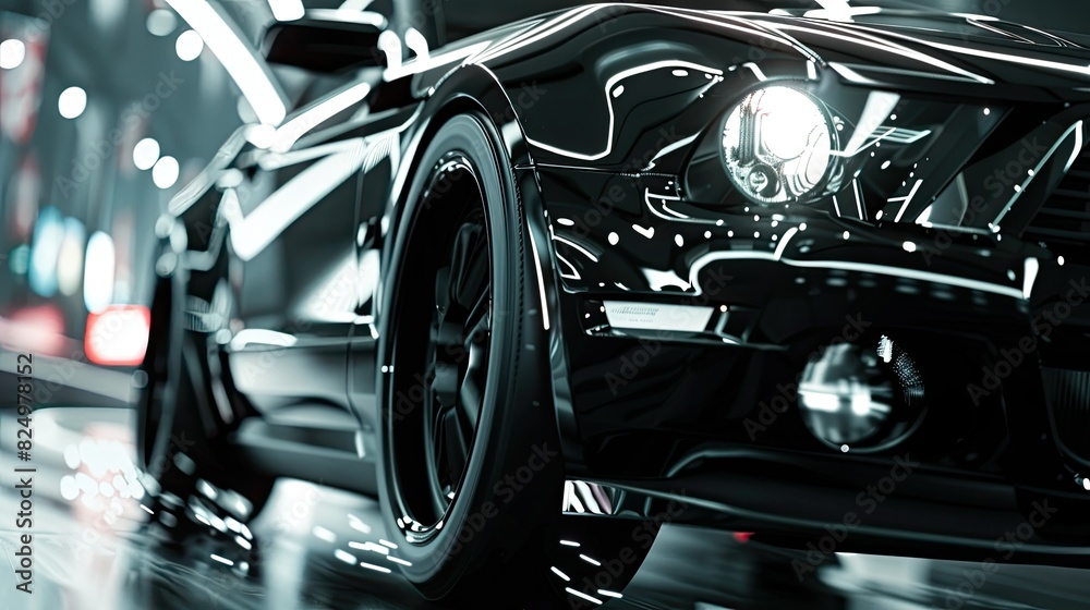 Close-up of the headlights and front grille on a fast-moving electric sports car, blurred, dark gray with white light accents. Close-up of the headlights and front grille on a fast-moving electric sports car, blurred, dark gray with white light accents.