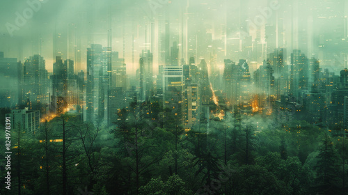 Surreal blend of cityscapes and forests in digital collage